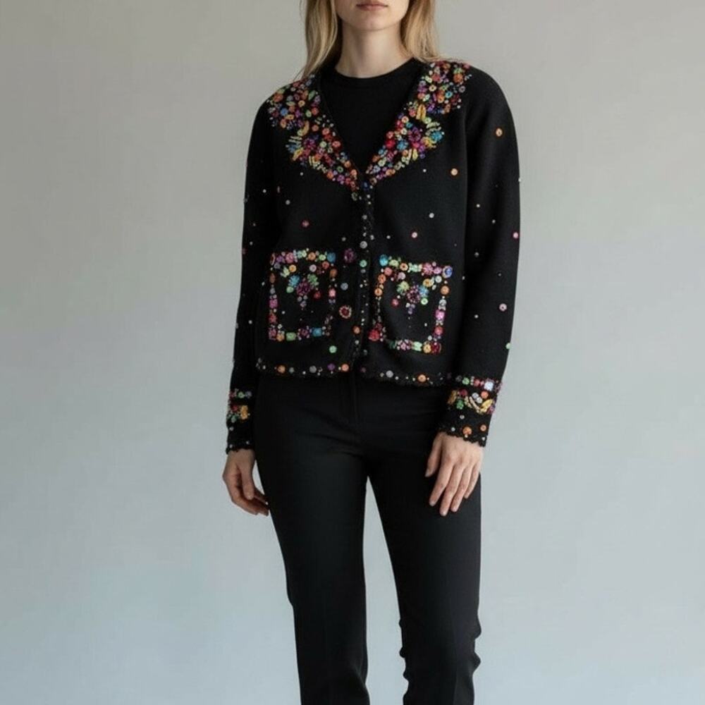 MMichael Simon New York Vintage 1994 Beaded Cardigan Black Cropped Sweater M